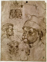 Quattro teste di uomini, due delle quali con tre facce. Un altare. Un cavallo. Disegni dalla bottega di Antonio di Puccio Pisano detto Pisanello