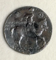 Medaglia di Ludovico III Gonzaga (1414-1478), marchese di Mantova. Recto: il marchese armato a cavallo, bronzo, patina nera