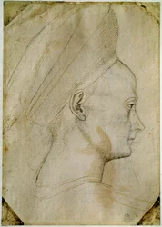 Testa di giovane donna, di profilo a destra. Disegno della bottega di Antonio di Puccio Pisano detto Pisanello