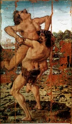 Le dodici fatiche di Ercole: Eracle solleva il gigante Anteo. Dipinto di Antonio Benci detto Il Pollaiolo