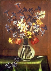 Natura morta di fiori tra cui giacinto, tulipani e occhio di fagiano