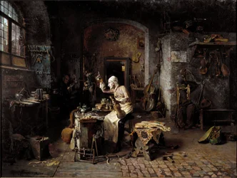 Il liutaio italiano Antonio Stradivari (Stradivarius) (1644-1737) nella sua bottega
