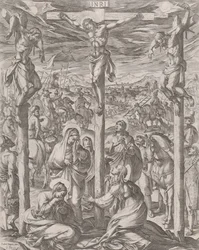 Cristo crocifisso tra i due ladroni, le tre Marie ai piedi della croce