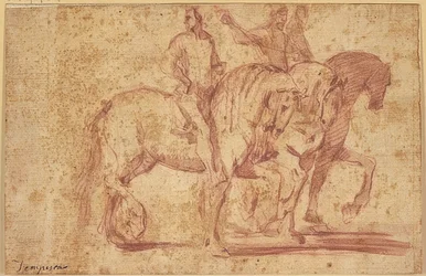 Tre cavalieri che cavalcano verso destra