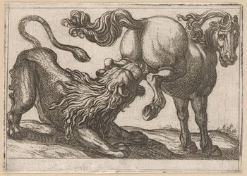 Un cavallo che calpesta un leone