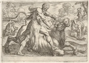 Ercole e Acheloo: al centro Ercole afferra le corna di un toro mentre preme il suo ri..., 1608