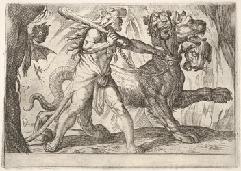 Ercole e Cerbero: Ercole afferra il collare di Cerbero, due demoni appaiono a sinistra..., 1608