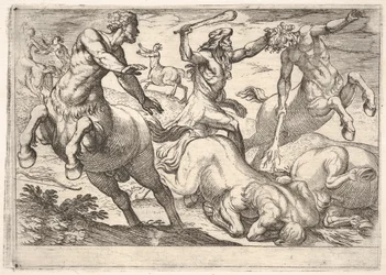 Ercole e i centauri: Ercole tiene la testa di un centauro con la mano sinistra e solleva la clava