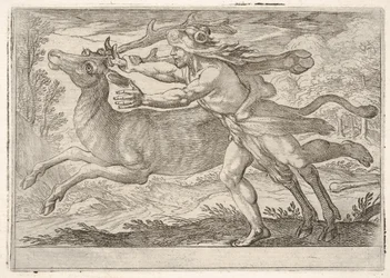 Ercole e la cerva di Monte Cerynea: Ercole cammina accanto alla cerva e la afferra..., 1608
