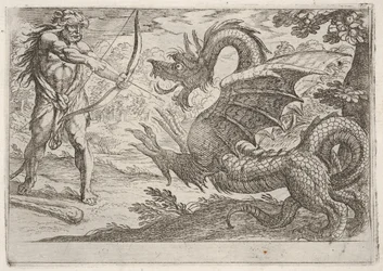 Ercole e il serpente Ladone: Ercole tende il suo arco, appare il serpente raring