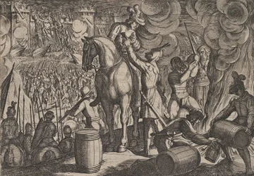 Attacco alla Fortezza Romana di Notte, da La Guerra dei Romani contro i Ba..., 1611