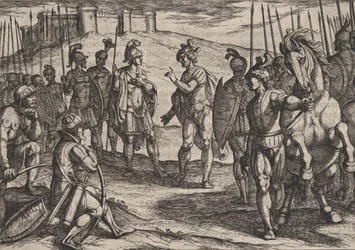 Tavola 15: Civilis tratta con un comandante romano, da La guerra dei Romani contro i Batavi