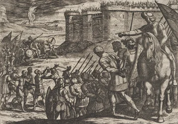 Tavola 16: Prigionieri Romani Davanti alla Vecchia Fortezza, da La Guerra dei Romani Contro i B..., 1611