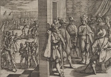 Tavola 18: Incontro segreto di Civile con altri capi di Treviri, da La guerra dei Romani contro i Batavi, 1611.