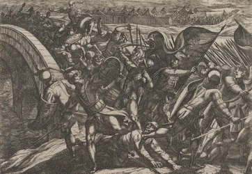 Tavola 27: Gli olandesi durante un attacco a sorpresa del campo romano sulla Mosella, da The Wa..., 1611