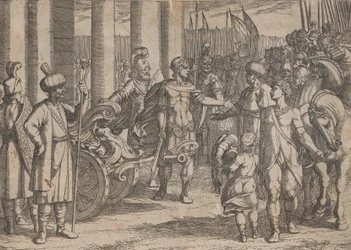 Tavola 2: Alessandro taglia il nodo gordiano, da Le gesta di Alessandro Magno (1608)
