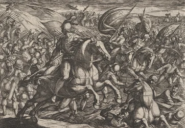 Tavola 30: Cerialis che guida gli olandesi nel Reno, da La guerra dei romani contro..., 1611