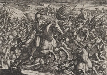 Tavola 30: Cerialis che spinge gli olandesi nel Reno, da La guerra dei romani contro..., 1611