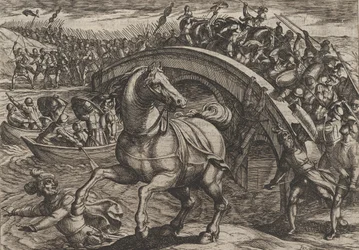 Civilis costretto a smontare e nuotare attraverso il fiume, dalla Guerra dei Romani..., 1611