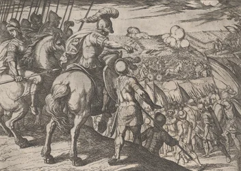 Piatto 5: Alessandro dirige una battaglia, da Le gesta di Alessandro Magno, 1608