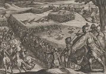 Tavola 6: I Romani sconfitti vicino al Reno, da La guerra dei Romani contro i Batavi..., 1611