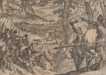 Tavola 8: Alessandro circonda le truppe nemiche con il fuoco, da Le gesta di Alessandro...