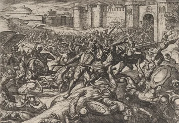 Tavola 9: I Romani sconfitti dalle truppe olandesi a Bonna, dalla Guerra dei Romani contro..., 1611