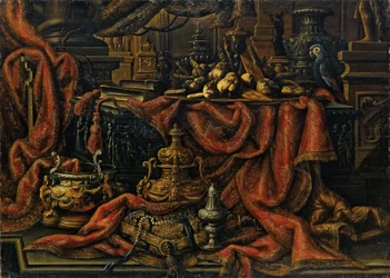 Argenteria, frutta e vassoio di dolci