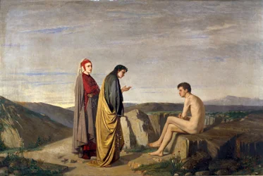 Dante e Virgilio incontrano il poeta Sordello da Goito nel Purgatorio. Da un canto del Purgatorio della Divina Commedia di Dante Alighieri (1265-1321). Dipinto di Antonio Varni (1841-1909). Dim. 81x121 cm. Genova, Accademia Ligustica di Belle Arti