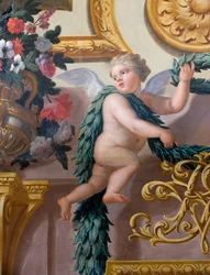 (dettaglio) di un murale, che mostra un cherubino che tiene una corona di alloro e una ghirlanda, The Banqueting House