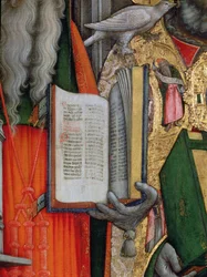 Bibbia di San Girolamo e Colomba di San Gregorio, (dettaglio) del pannello sinistro da La Vergine in trono con i santi Girolamo, Gregorio, Ambrogio e Agostino (post restauro)