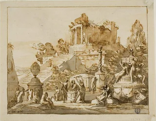 Paesaggio classico con tempio in rovina sulla collina, figure femminili in basso