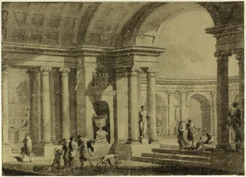 Portico classico con figure in abiti antichi