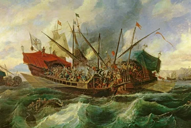 La battaglia navale di Lepanto tra la Lega Santa e i Turchi nel 1571 (dettaglio)