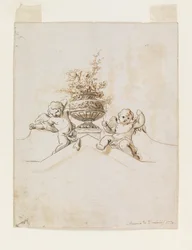 Due putti accanto a un vaso con fiori