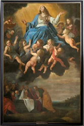 Chiesa parrocchiale (Parochiekerk Sint-Eligius). Dipinto. "Assunzione di Maria". Antoon van den Heuvel.