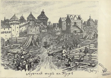 Mercato del legno di Lubyanoi Rynok a Piazza Trubnaya a Mosca, primi anni 1920