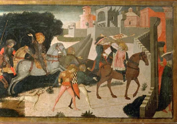 Ingresso di un gruppo di cavalieri in una città (olio su tavola)