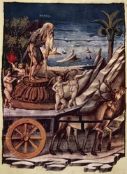 Il trionfo del Tempo, il carro del Tempo trainato da cervi, miniatura di Apollonio di Giovanni (1415 o 1417-ca 1465) da Trionfi, poema allegorico di Francesco Petrarca (1304-1374), manoscritto 1129, folio 42, verso, Italia