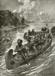 Samuel De Champlain nel 1608 risalendo il fiume San Lorenzo nelle canoe degli indiani d