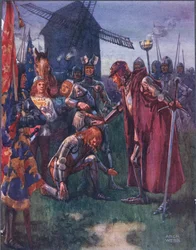 Il Principe si inginocchia umilmente davanti a suo Padre: La battaglia è sua - completamente sua! illustrazione da Ballads of Famous Fights, c.1900