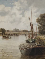 Il presente ponte di Hammersmith in costruzione con il ponte temporaneo, 1886