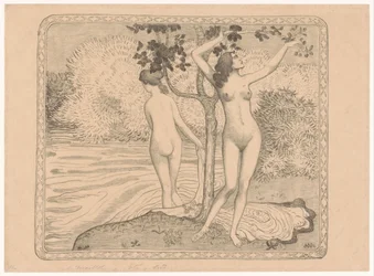 Due donne che fanno il bagno sotto un albero sulla riva dell