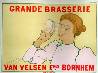 Cibo e bevande. Grande birreria Van Velsen, Belgio. Poster di Armand Rassenfosse, Belgio, c.1890 (poster)