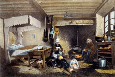 Interno contadino vicino a Royat in Alvernia. La madre cuce, il padre è seduto accanto al grande camino mentre i bambini giocano. Litografia di Armand Theophile Cassagne (1823-1907) XIX secolo. Musee National des Arts et Traditions Populaire, Parigi