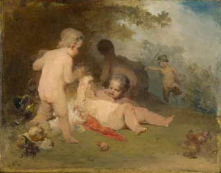 Putti e un giovane satiro in una radura forestale