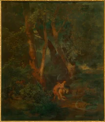 Bordo del bosco con fauno e ninfa