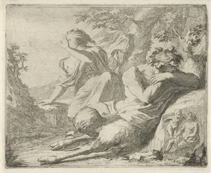 Satiro e figura femminile coprono gli occhi dalla luce del sole Scena di allegorie aperta al servizio di pittori, scultori, ecc. (serie)