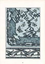 Motivo decorativo Art Nouveau con rondini e farfalle (litografia)