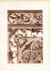 Disegno ornamentale Art Nouveau con uccelli e farfalle (litografia)